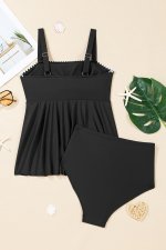Black Spaghetti Straps Contrasted Ricrac Trim Flared Tankini 2pcs Swimsuit - Image 8