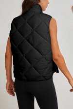 Black Quilted High Neck Button Up Pocket Vest Coat - Image 2