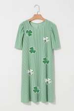 Mint Green Sequin Clover Graphic Puff Sleeve Corded T Shirt Dress - Image 5