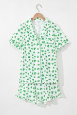Green Clover Printed Short Sleeve and Ruffled Shorts Pajama Set - Image 3