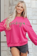 Rose Red Lucky Clover Embroidered Loose Pullover Sweatshirt - Image 6