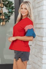 Fiery Red Stars Stripes Short Puff Sleeve Top - Image 3