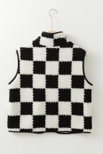 Black Checkered Sherpa Collared Jacket Vest - Image 5