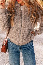 Light French Beige Zipper Pocketed Winter Fuzzy Jacket - Image 3