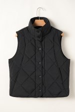 Black Quilted High Neck Button Up Pocket Vest Coat - Image 3