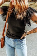 Black Dotty Mesh Ruffle Sleeve Ribbed Knit Top - Image 5