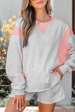 Light Grey Color Block Raw Hem Pullover and Casual Shorts Set - Image 8