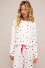 Fiery Red Tiny Hearts Printed Long Sleeve Top Drawstring Lounge Pant Set - Image 3