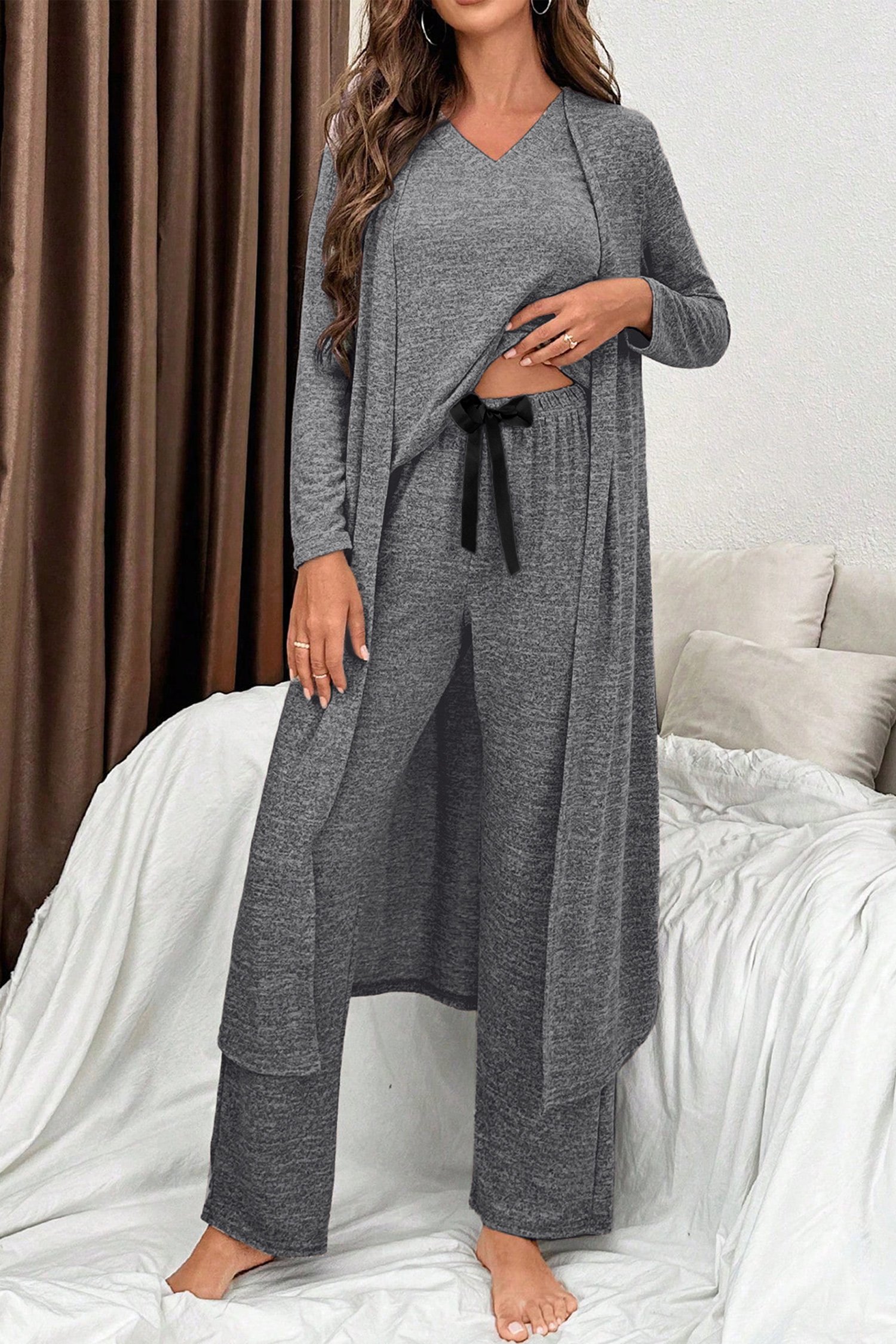 99132511-54e1d69553db643f.jpg Dark Grey 3pcs V Neck T Shirt Ribbon Knot Pants Open Duster 3pcs Lounge Set - Image 1