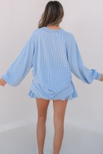 Sky Blue Corded Lantern Sleeve Top High Waist Ruffled Mini Skort Set - Image 2