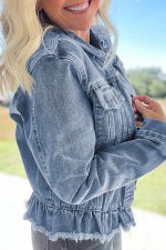 Beau Blue Ruffle Raw Hem Flap Pockets Denim Jacket - Image 3