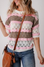 Brown Stripe Color Block Hollow Out Crochet Half Sleeve Sweater - Image 4