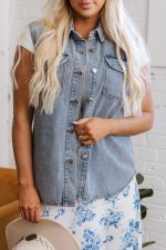 Beau Blue Denim Flap Pocket Curved Hem Shirt Vest - Image 7