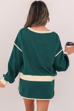 Evergreen Color Contrast Loose Pullover and Lace-up Waist Skort Set - Image 2