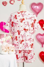 Red Romantic Bow Print Loose Tee Drawstring Shorts 2pcs Lounge Set - Image 4