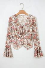 Red Floral Print Stitched Detail Tie V Neck Long Bell Sleeve Blouse - Image 8