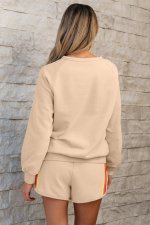 Apricot Striped Accent Pullover and Shorts Two Piece Casual Set - Image 2