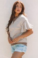 Parchment Contrast Detail Striped Ruffle Short Sleeve Top - Image 3