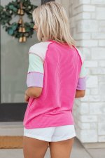 Bright Pink Twisted Ribbed Color Block Patchwork Henley Short Sleeve T Shirt - Image 2