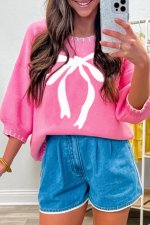 Sachet Pink Big Ribbon Bow Print Contrast Stitch Trim Drop Shoulder Sweater - Image 8