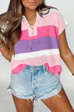 Pink Color Block Notch V Neck Sweater T Shirt