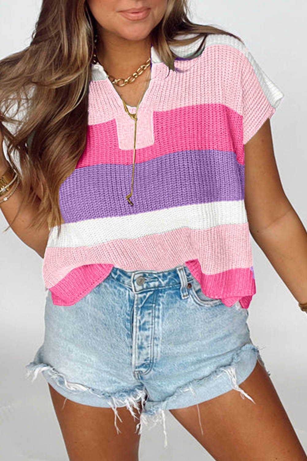 Pink Color Block Notch V Neck Sweater T Shirt