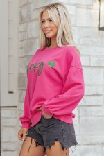 Rose Red Lucky Clover Embroidered Loose Pullover Sweatshirt - Image 4