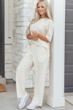 Khaki Checkered Print Half Sleeve Tee 2pcs Lounge Pant Set - Image 3