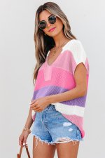 Pink Color Block Notch V Neck Sweater T Shirt - Image 5