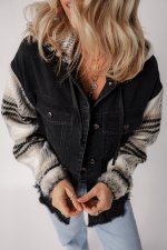 Black Plaid Sleeve Frayed Hem Hooded Denim Jacket - Image 3