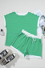 Dark Green Striped Cap Sleeve Tee and Shorts Set - Image 3