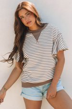 Parchment Contrast Detail Striped Ruffle Short Sleeve Top - Image 5