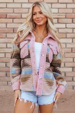 Pink Western Aztec Print Sherpa Splicing Buttoned Flap Pocket Coat - Image 4