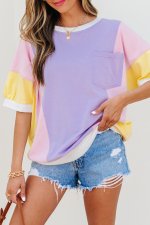 Purple Color Block Patchwork Half Sleeve Oversized T Shirt - Image 6