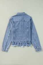 Beau Blue Ruffle Raw Hem Flap Pockets Denim Jacket - Image 6