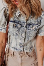 Beau Blue Light Wash Buttoned Chest Pocket Puff Sleeve Denim Jacket - Image 8