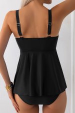 Black Spaghetti Straps Contrasted Ricrac Trim Flared Tankini 2pcs Swimsuit - Image 2