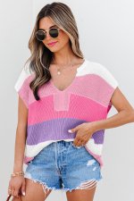 Pink Color Block Notch V Neck Sweater T Shirt - Image 3