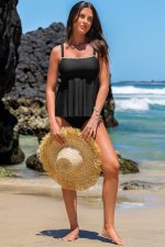 Black Spaghetti Straps Contrasted Ricrac Trim Flared Tankini 2pcs Swimsuit - Image 6