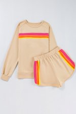 Apricot Striped Accent Pullover and Shorts Two Piece Casual Set - Image 6
