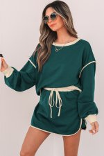 Evergreen Color Contrast Loose Pullover and Lace-up Waist Skort Set - Image 4