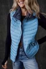 Sky Blue Plush Collared Quilted Zipped Puffer Vest - Image 7