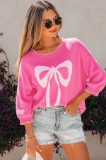 Sachet Pink Big Ribbon Bow Print Contrast Stitch Trim Drop Shoulder Sweater - Image 5