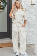 Khaki Checkered Print Half Sleeve Tee 2pcs Lounge Pant Set - Image 2