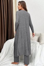 Dark Grey 3pcs V Neck T Shirt Ribbon Knot Pants Open Duster 3pcs Lounge Set - Image 2