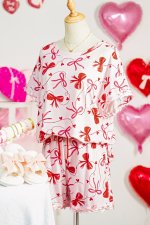 Red Romantic Bow Print Loose Tee Drawstring Shorts 2pcs Lounge Set - Image 5