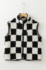 Black Checkered Sherpa Collared Jacket Vest - Image 4