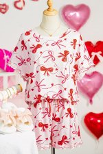 Red Romantic Bow Print Loose Tee Drawstring Shorts 2pcs Lounge Set - Image 3