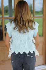 Beau Blue Pointelle Knit Patterned Scalloped Trim Short Sleeve Sweater - Image 2
