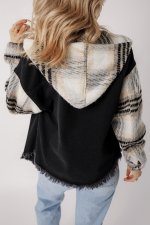 Black Plaid Sleeve Frayed Hem Hooded Denim Jacket - Image 2